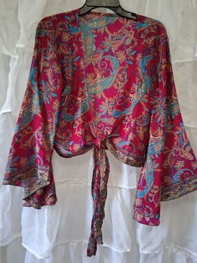 Vibrant Paisley Print Scarf or Top in Red, Turquoise, Orange